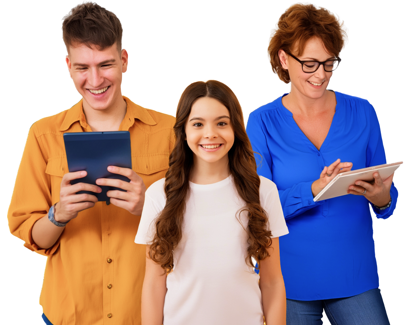 teen male, young female, and mature female pose for camera